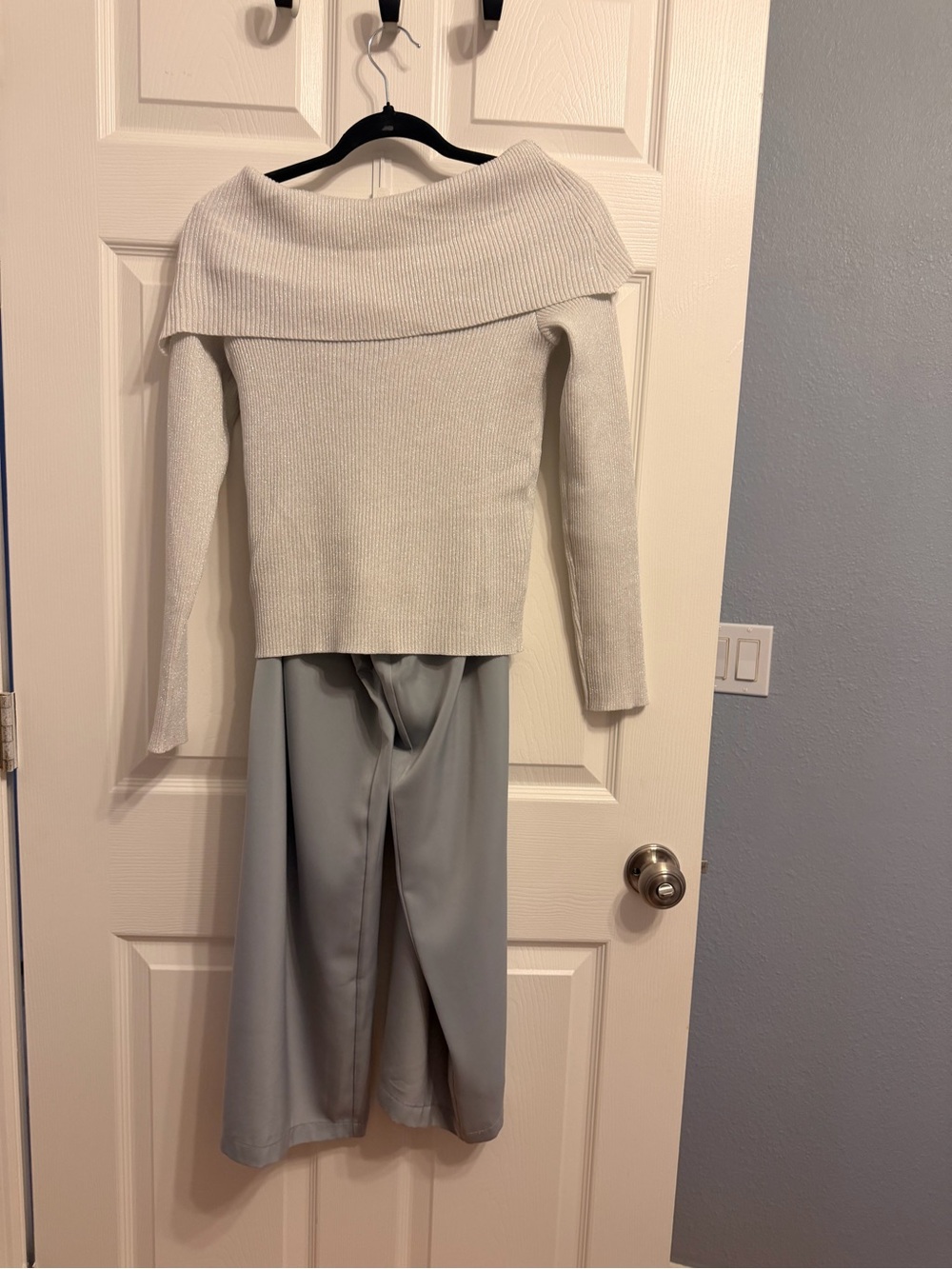 Pink Rose Off-the-Shoulder Ribbed Sweater in Light Gray - Picture 2 of 2